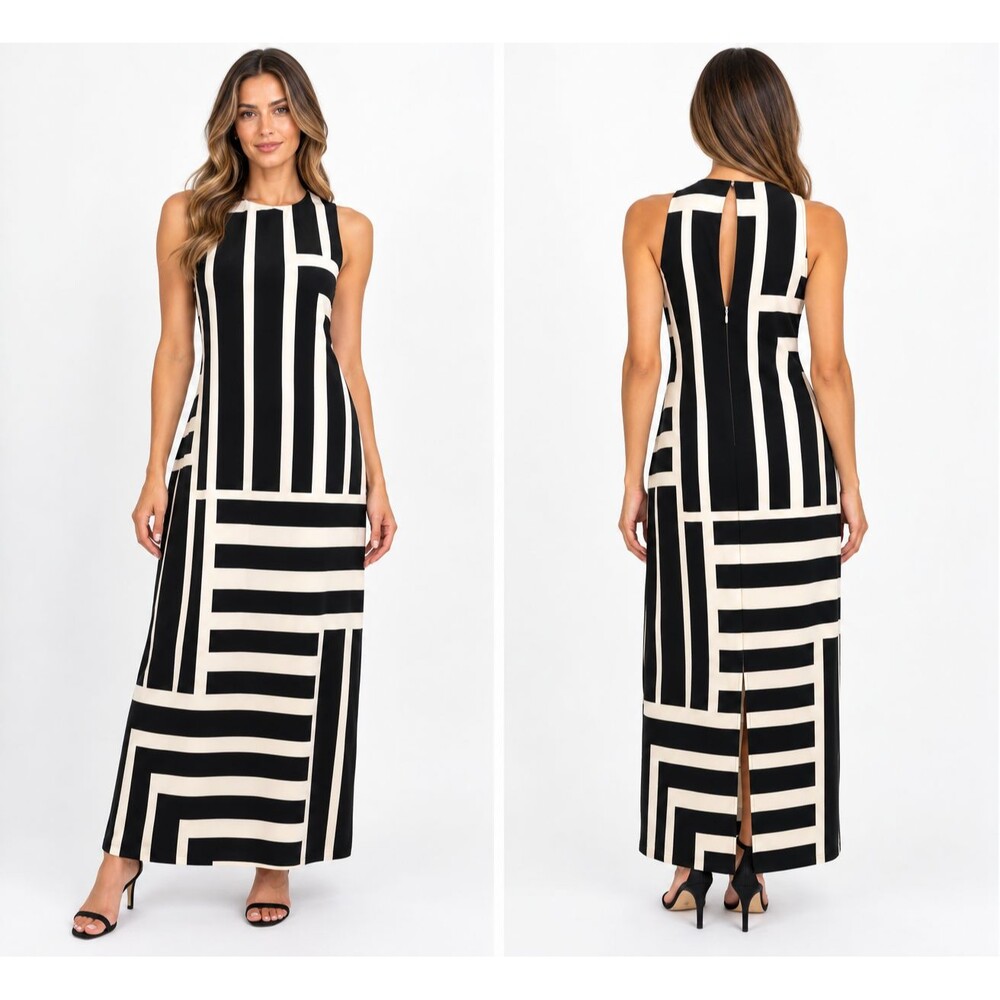 Donna Morgan Size 8 Black Cream Geometric Print Sleeveless Maxi Dress NWT